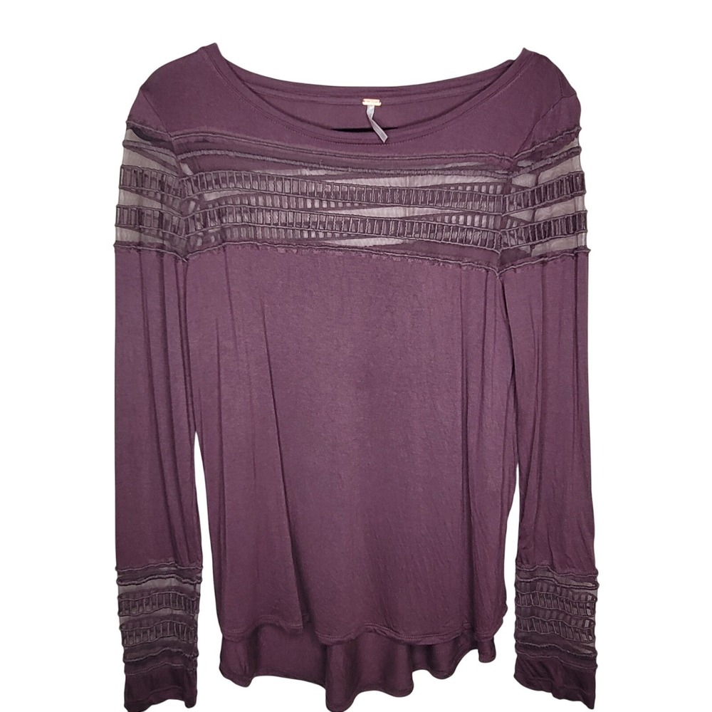Free People Plum Roxie Mesh Detail Long‎ Sleeve Women's Sz S Boho Romantic Airy